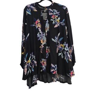 Free People Black Floral Boho Tunic Top Sz S Hippie, Artsy Oversized Flowy Y2K